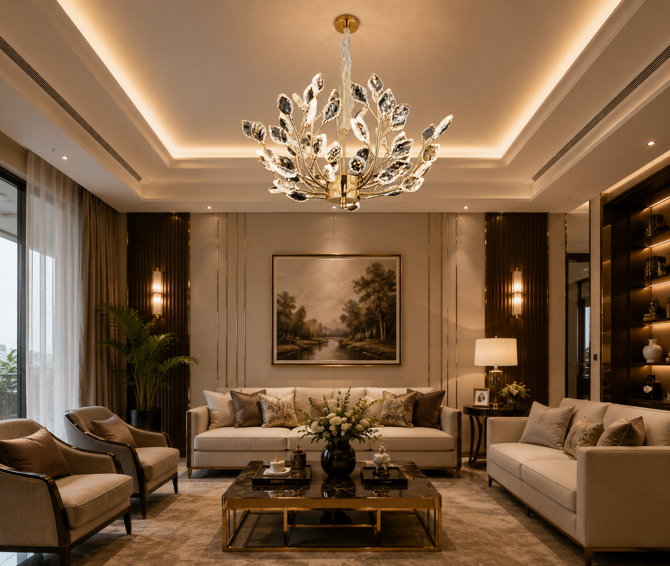 HDC 600mm Luxury Crystal Leaf LED Chandelier for Bedroom, Living Room