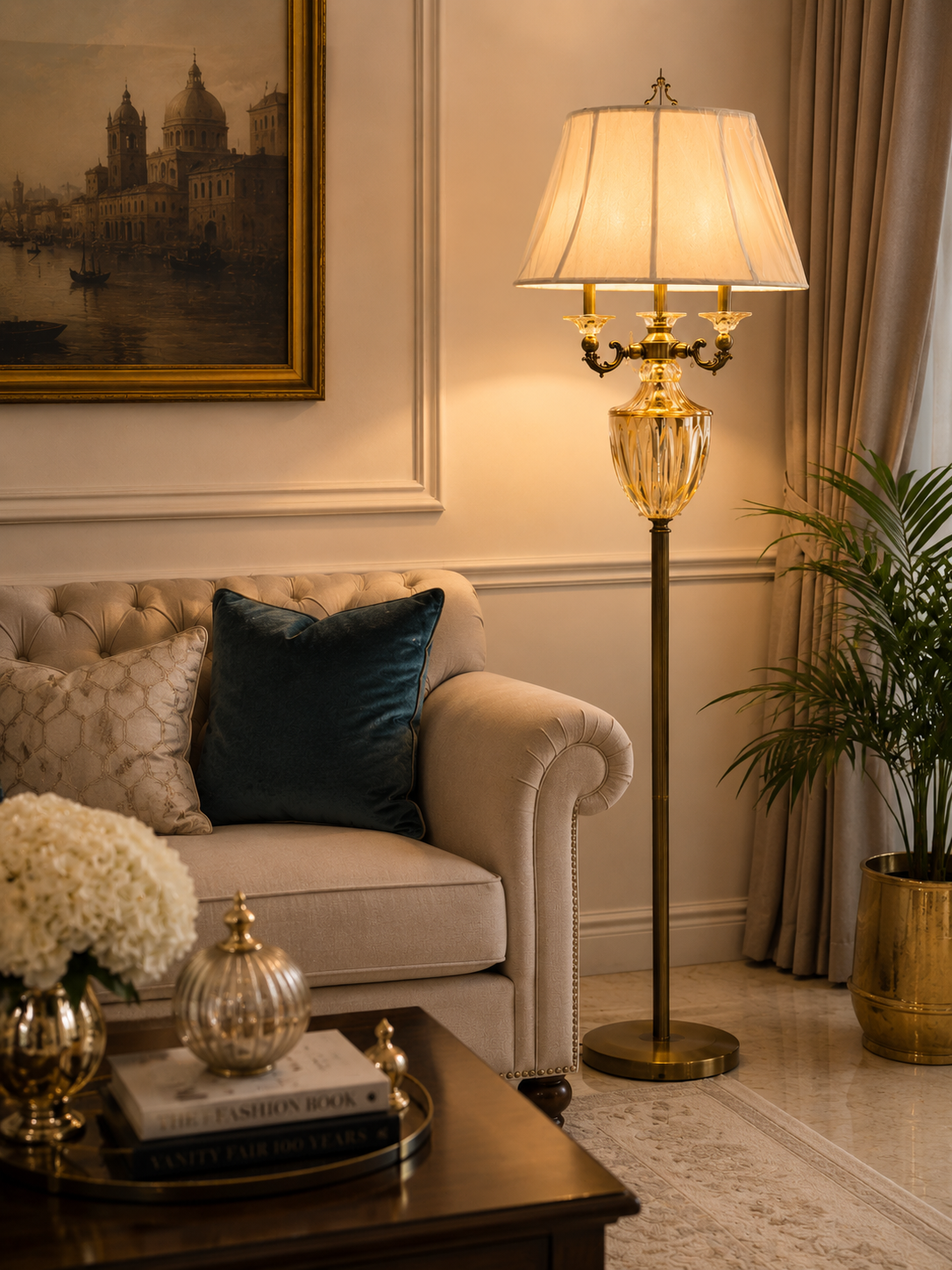 HDC Luxury Crystal Glass Floor Lamp with Fabric Shade for Living Room & Bedroom