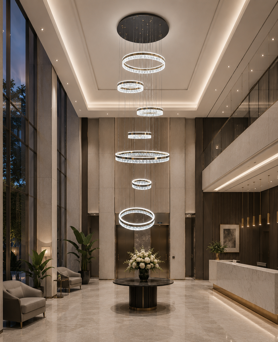 HDC Luxury 7 Light Crystal Ring Multi-Layer Chandelier for Double Height Ceiling