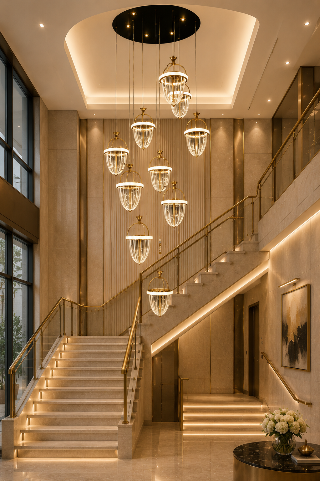 HDC Luxury 10 Light Crystal Cascade Double Height Chandelier for Staircase & Lobby