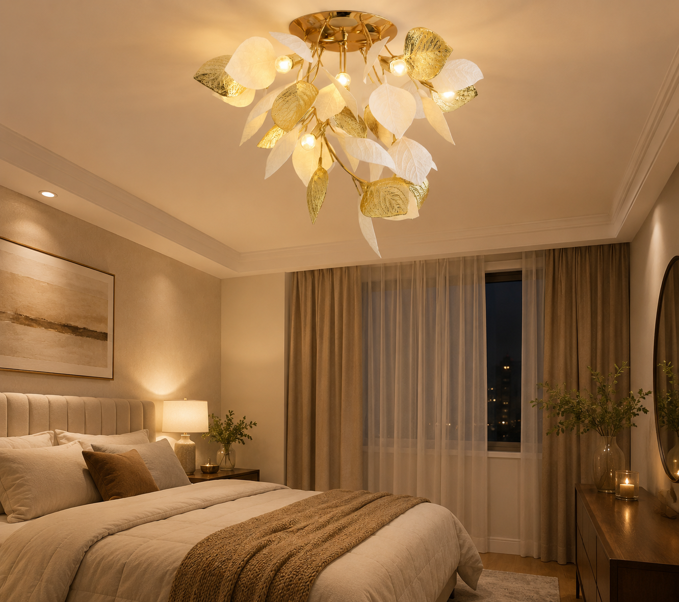 HDC Luxury Golden & White Leaf Ceiling Chandelier
