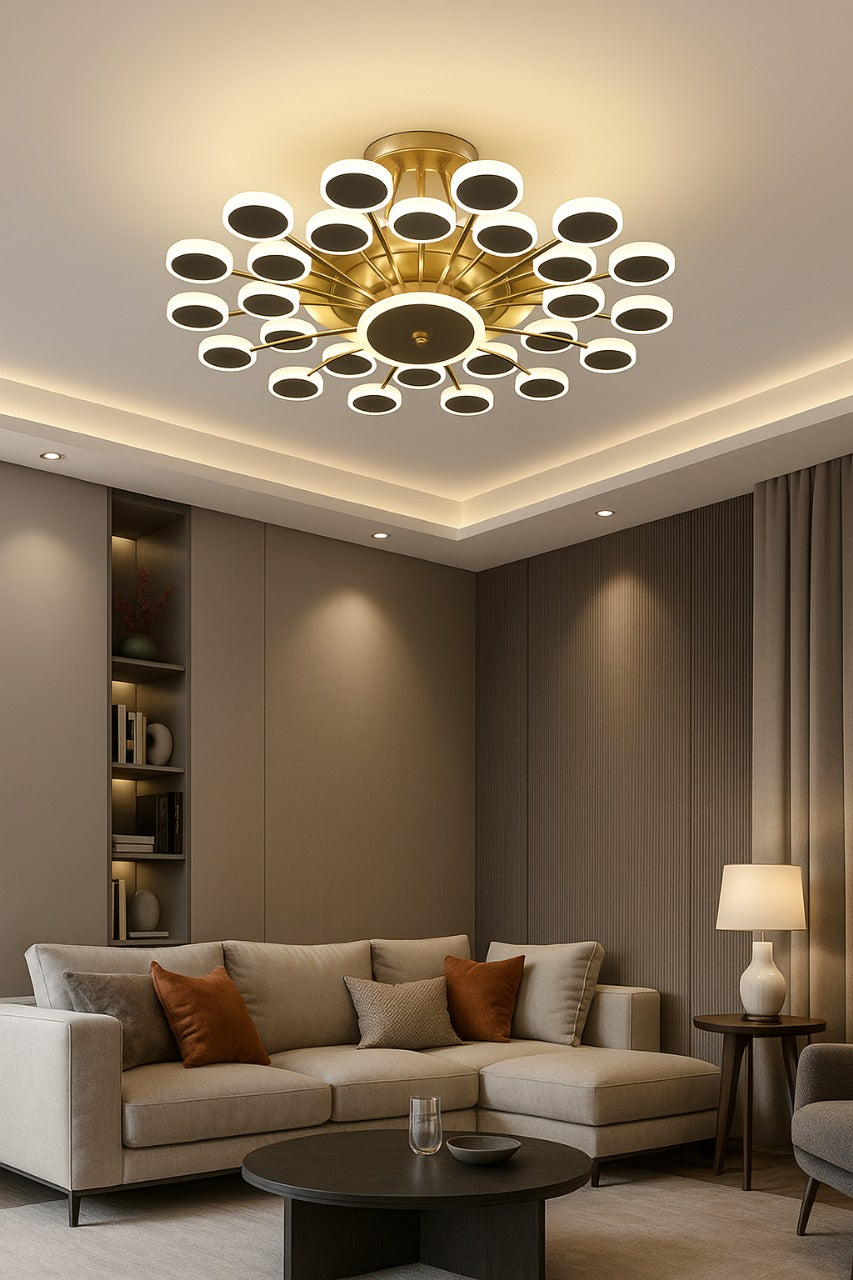 Hdc 24 Lights Gold Rings Ceiling Fan Chandelier With Remote 4 Retractable Abs Blades - Tricolor