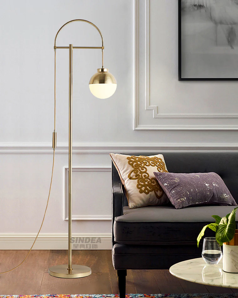 HDC Golden Electroplated Arch Standing Lamp Spherical Glass Lampshade Contemporary Floor Lamp for Reading, Bedroom and Living Room
