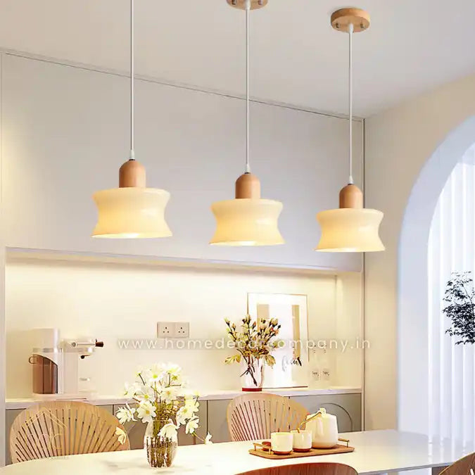 HDC Wood Dome Pendant Light Cream Glass Pendant Lighting Kitchen Island Hanging Ceiling Lamp Modern Wooden Suspended Lights for Dining Room Bedroom