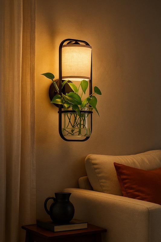 HDC Black Metal Frame and Fabric Shade Premium Wall Lamp with Planter For Living Room, Bedroom, Balocny