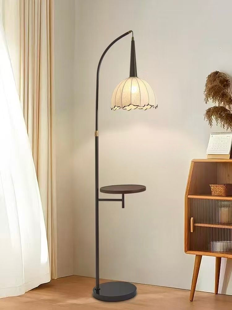 Hdc  Elegant Arc Floor Lamp with Side Table & Vintage Fabric Shade Standing Lamp with Table for Living Room, Bedroom, Office