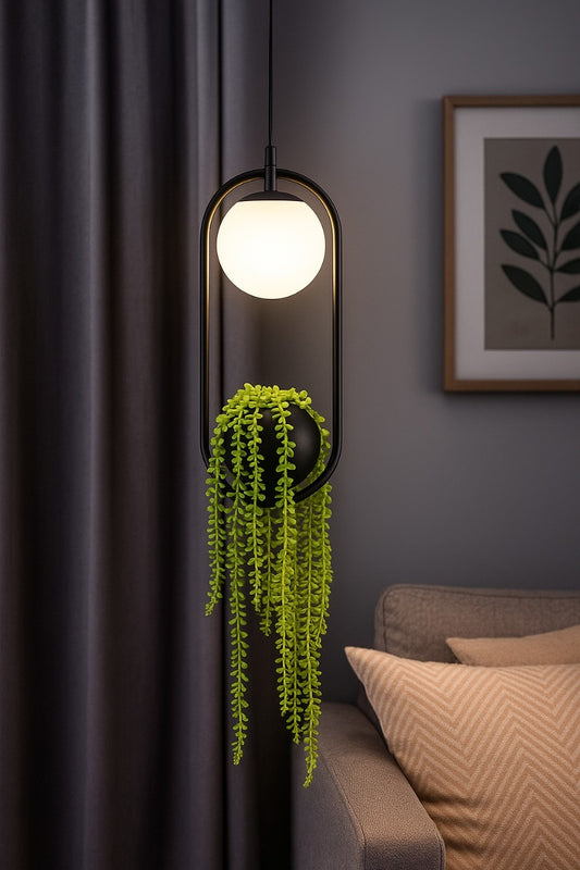 Hdc Modern Black Pendant Light with Glass Globe Hanging LED Lamp with Planter Pot