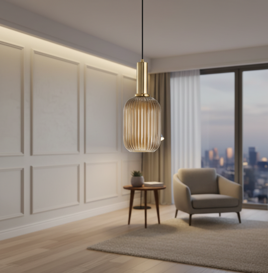 HDC Modern Ribbed Glass Pendant Light – Amber Gold Hanging Lamp