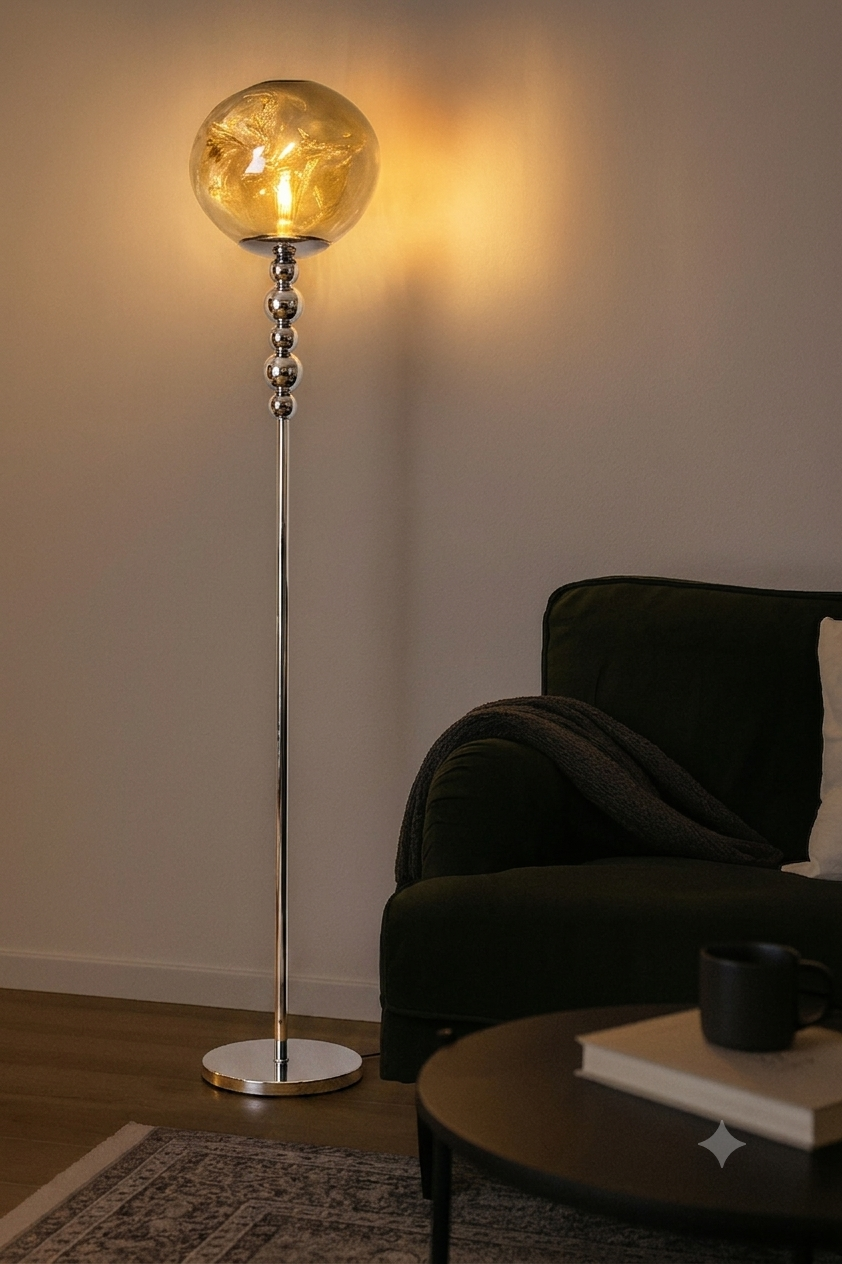 HDC Smoky Glass Silver Floor Lamp With Premium Metal Stand with Sculpted Sphere Column