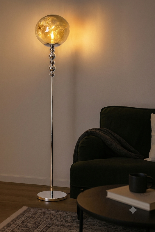HDC Smoky Glass Silver Floor Lamp With Premium Metal Stand with Sculpted Sphere Column