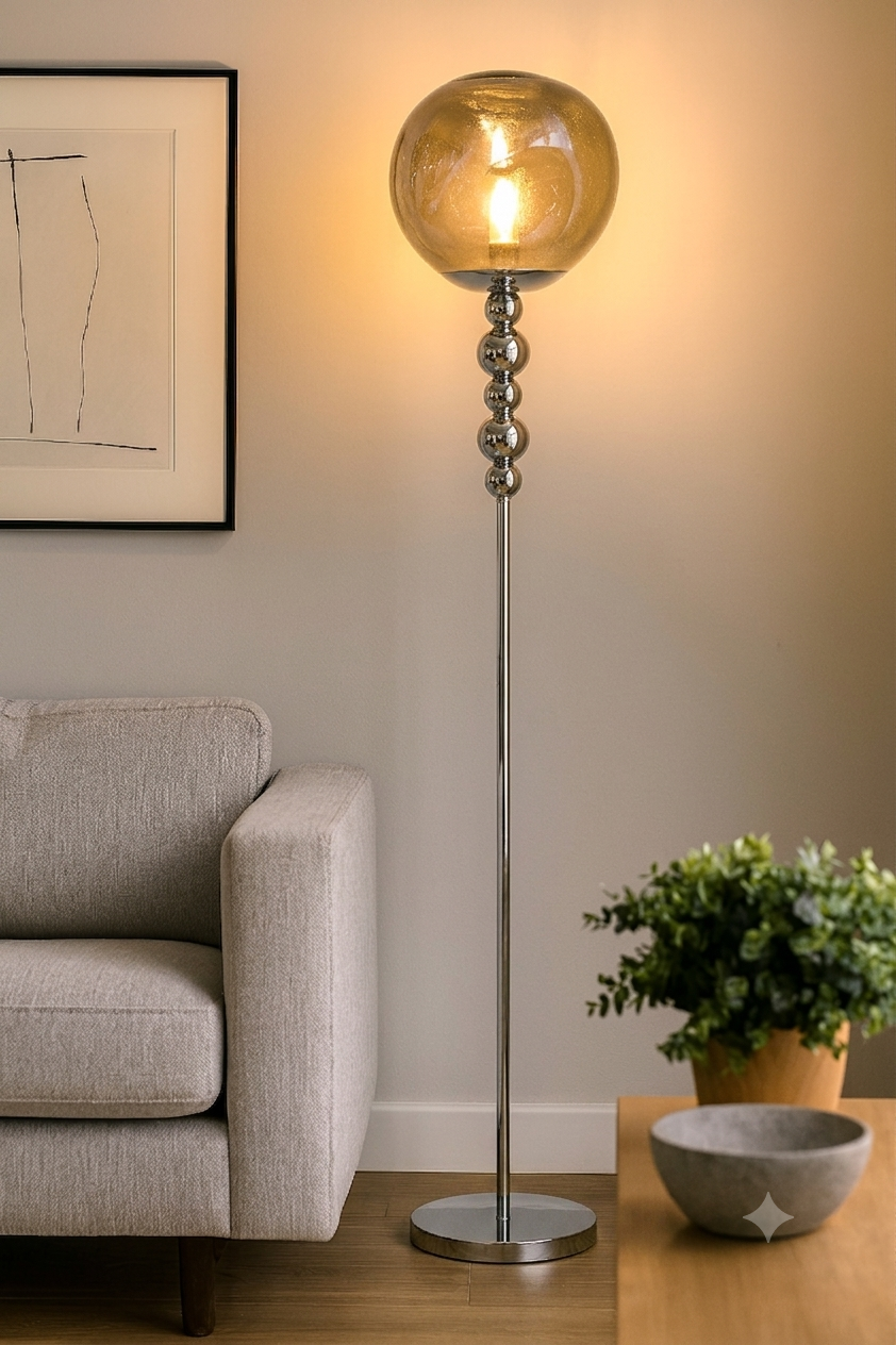 HDC Smoky Glass Silver Floor Lamp With Premium Metal Stand with Sculpted Sphere Column