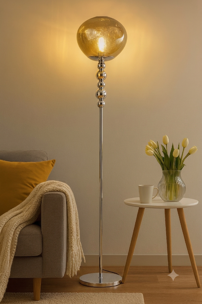 HDC Smoky Glass Silver Floor Lamp With Premium Metal Stand with Sculpted Sphere Column