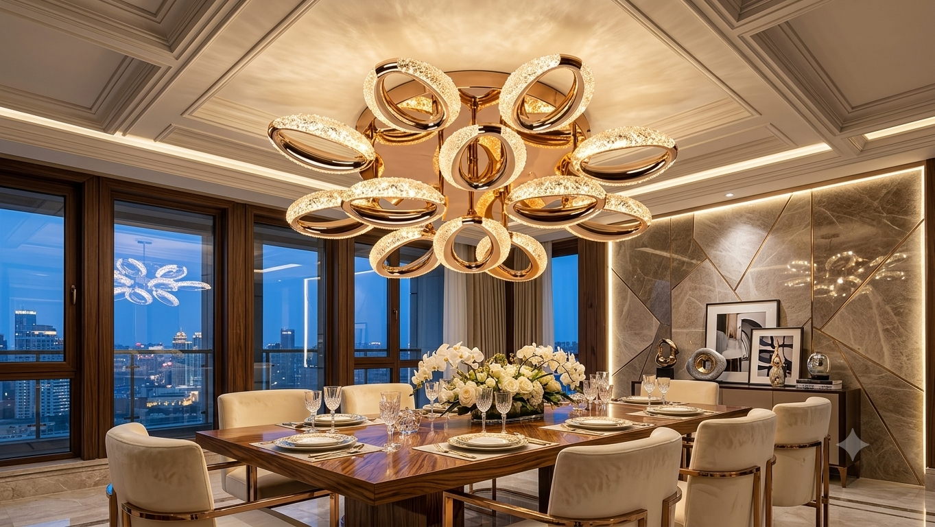 HDC 8+4 Luxury Golden Floral Ring LED Ceiling Chandelier Light for Living Room