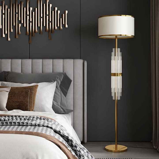 Hdc Contemporary Scandinavian Luxury Round Fabric Glass Column 1-Light Standing Floor Lamp For Living Room