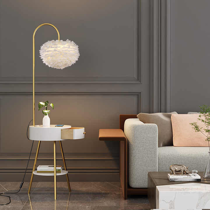 Hdc Feather Floor Lamp With Bedside Table Shelf Integrated Ins Wind Table Lamp