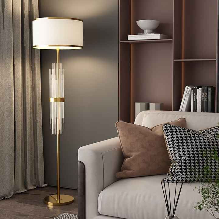 Hdc Contemporary Scandinavian Luxury Round Fabric Glass Column 1-Light Standing Floor Lamp For Living Room