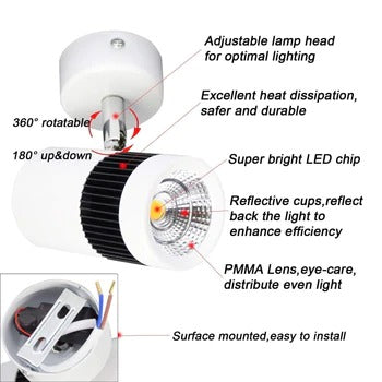 HDC 3W LX LED White Spot Focus Wall Light - Cylindrical Shape Surface Mounted Down Light - Metallic Body LED Spotlight Indoor - 𝗪𝗮𝗿𝗺 𝗪𝗵𝗶𝘁𝗲