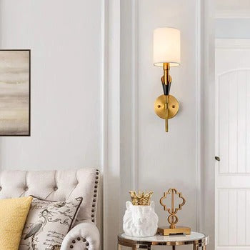 HDC Simple Brushed Gold Wall Sconce with White Fabric Shade Modern Wall Light