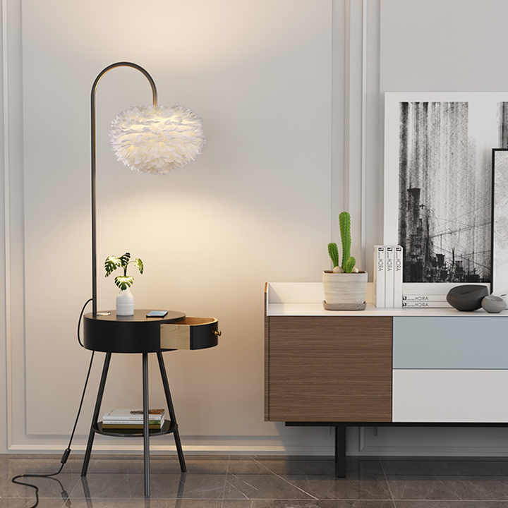 Hdc Feather Floor Lamp With Bedside Table Shelf Integrated Ins Wind Table Lamp