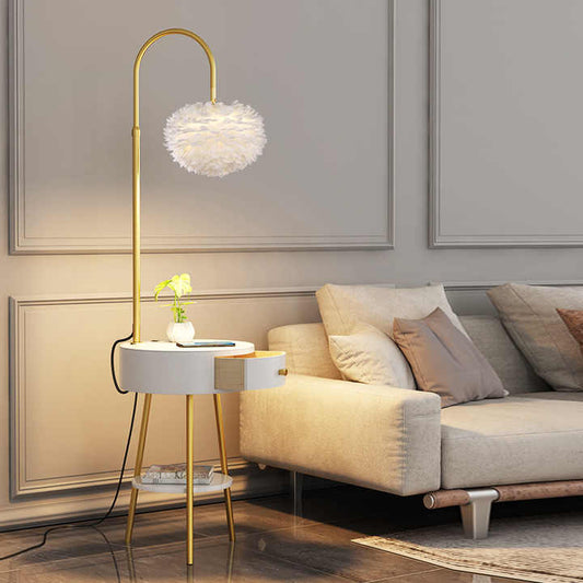 Hdc Feather Floor Lamp With Bedside Table Shelf Integrated Ins Wind Table Lamp