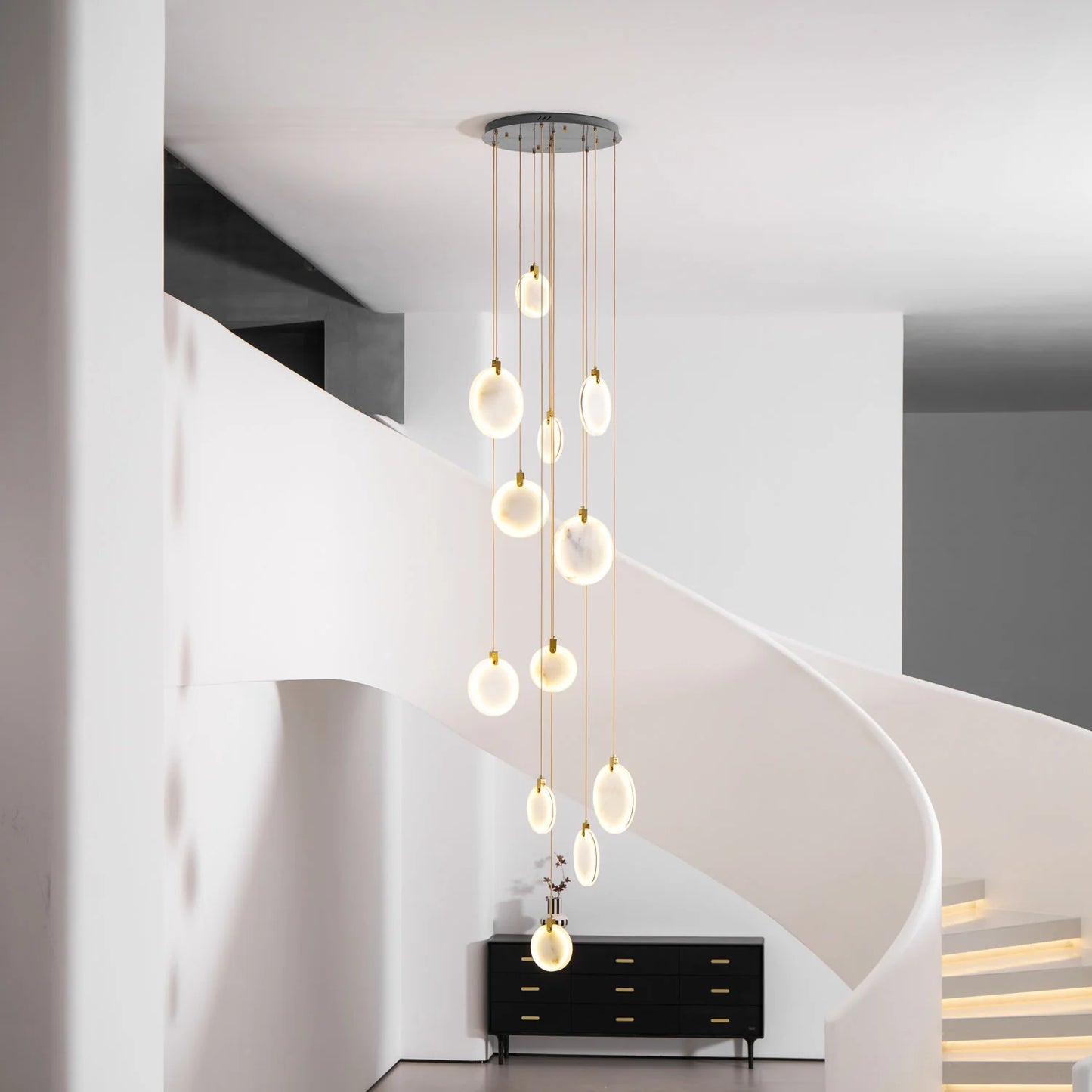 HDC Modern Multi-Drop Brass Pendant Chandelier with Warm LED Imitated Marble Discs Luxury  Double Height  Chandelier For Staircase