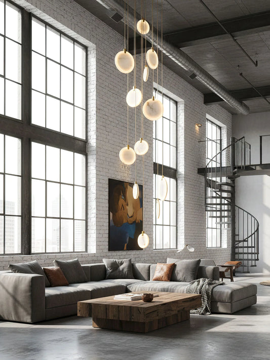 HDC Modern Multi-Drop Brass Pendant Chandelier with Warm LED Imitated Marble Discs Luxury  Double Height  Chandelier For Staircase
