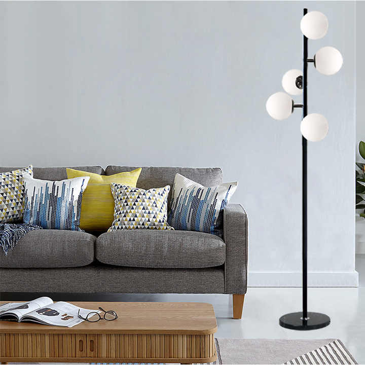 Hdc Contemporary LED Standing Light 5-Light Frosted White Glass Globe Floor Lamp (Black)