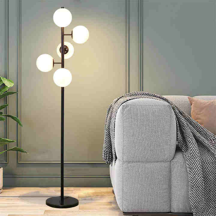 Hdc Contemporary LED Standing Light 5-Light Frosted White Glass Globe Floor Lamp (Black)