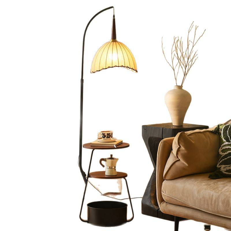 Hdc Decorative Floor Lamp with Shelves 3-Tier Wooden Storage & Fabric Shade Standing Lamp with Table for Living Room, Bedroom, Office