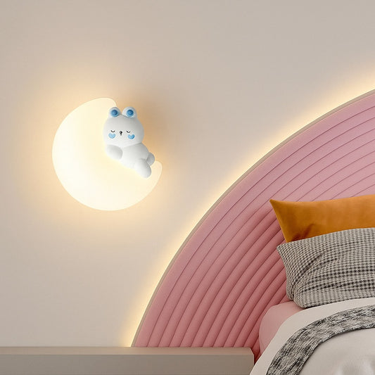 HDC Kids Milk White Shade Blue Ears LED Rabbit Cloud Wall Sconce for Boys Girls Room- Tricolor