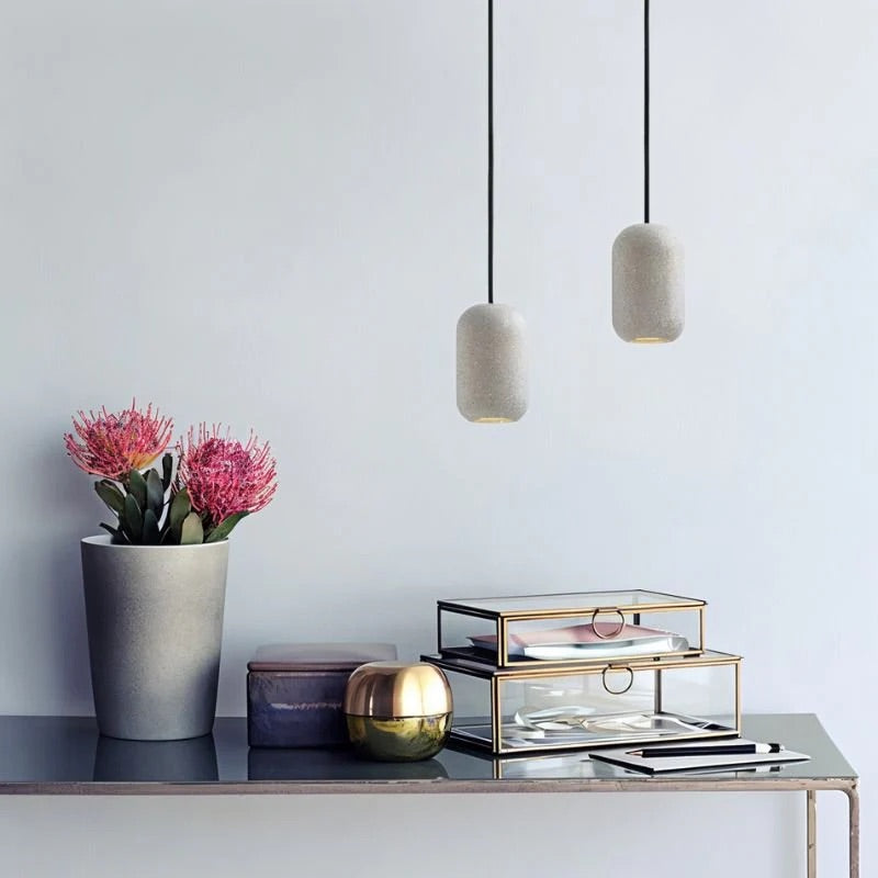 Hdc Modern Terrazzo Cylindrical Cement LED Pendant Light For Living Room Bedroom (White)