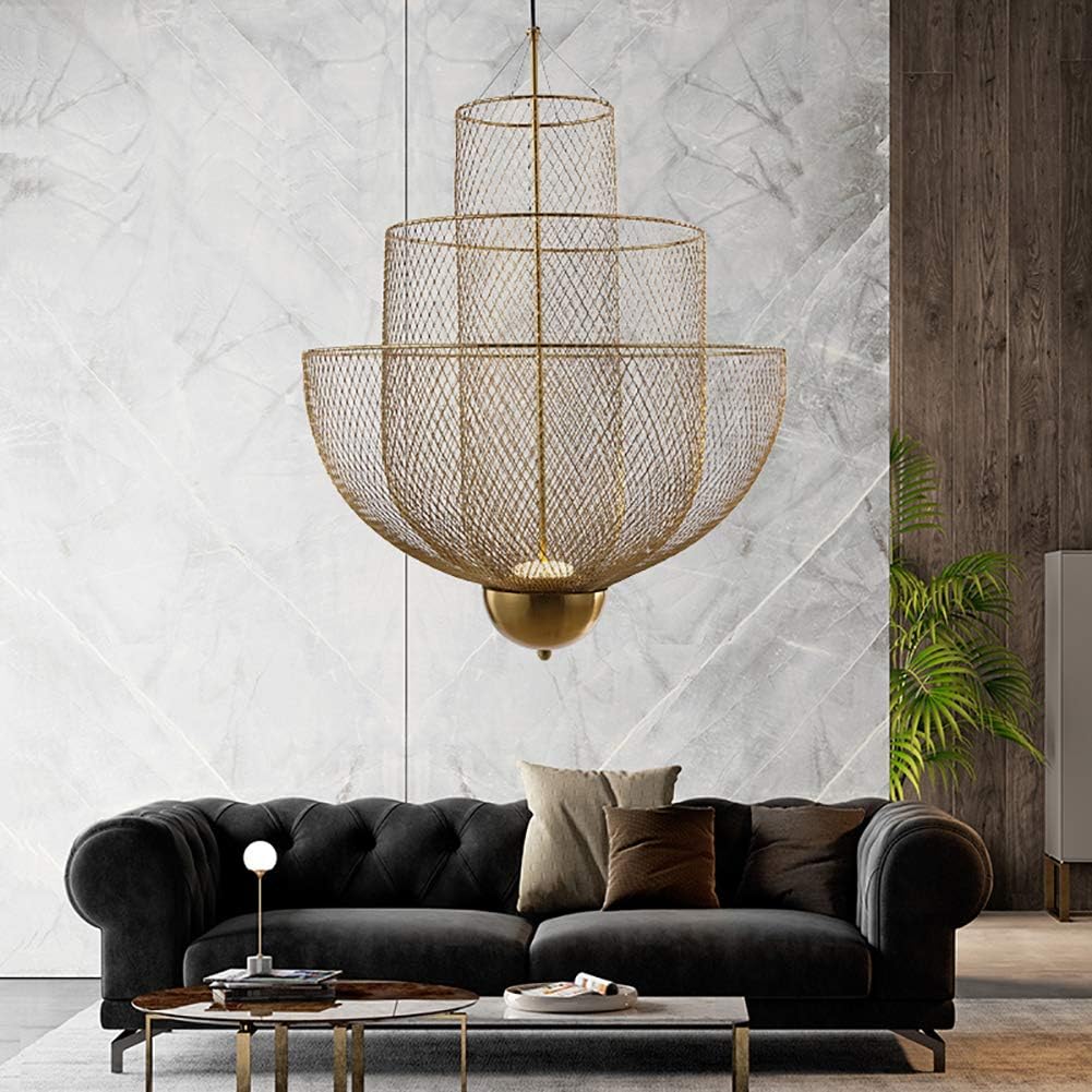Hdc 450/600mm Modern Metal Iron Mesh 1 Light with 3 Layers Golden Finish Industrial Chandelier
