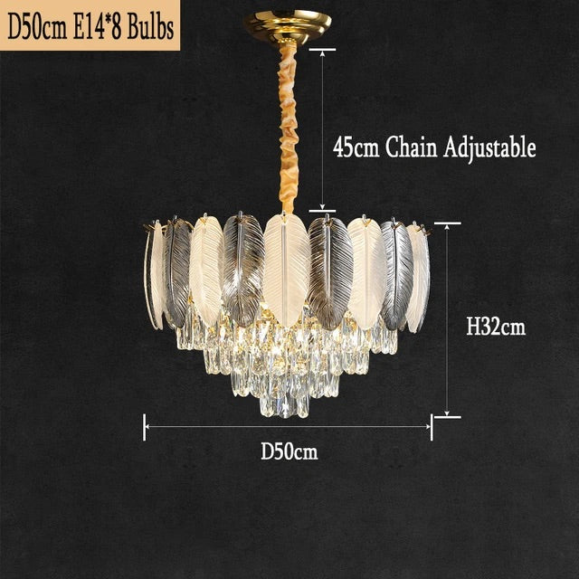 Hdc Feather Glass Crystal Gold Metal Led Chandelier Hanging Suspension Lamp - Tricolor