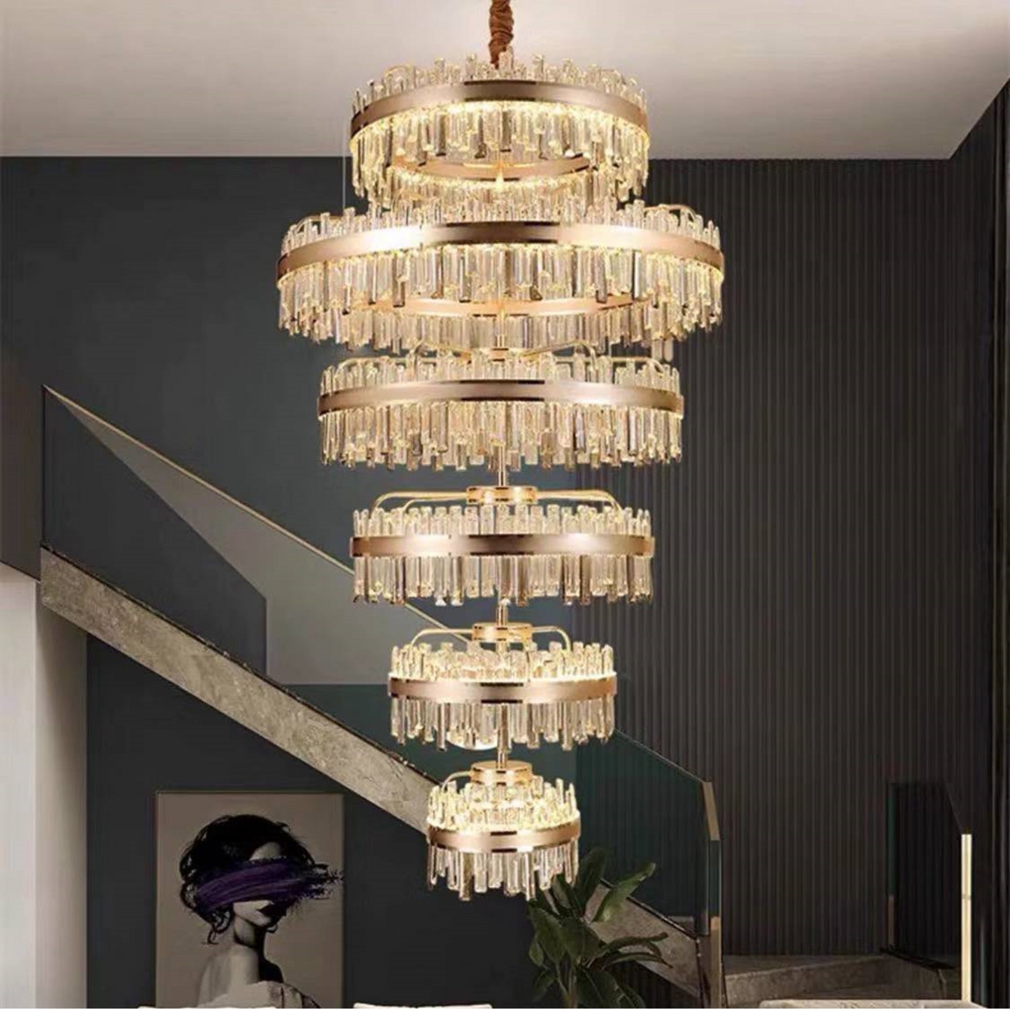 HDC 5 Layers LED Modern Crystal Big Long Luxury Stair Chandelier