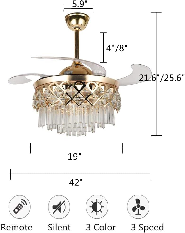Hdc 42in Crystal Ceiling Fan, 3 Lighting Color 3 Speeds Retractable Blades Chandelier Modern Crystal Fan Lighting Fixtures