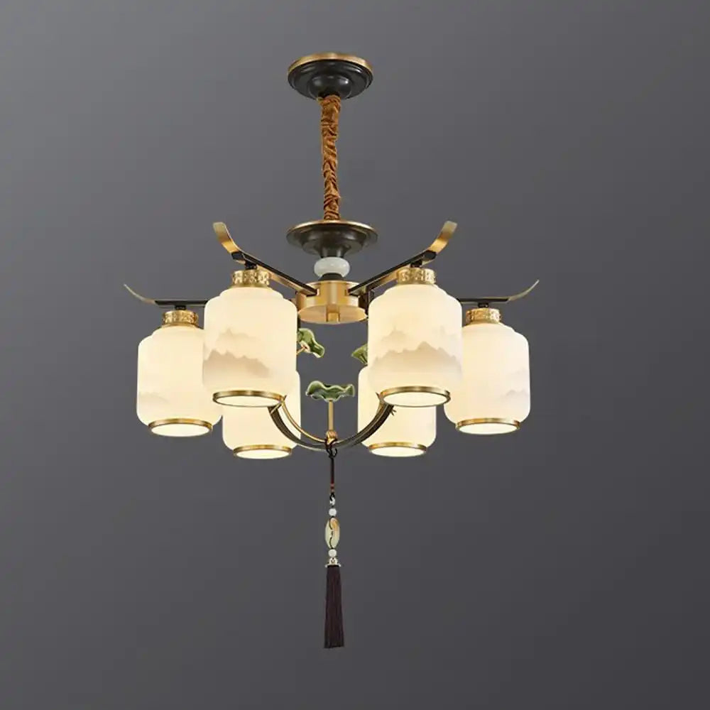 Hdc 6 Lights Traditional Chinese Iron Frame Cylinder Glass Shade Chandelier For Living Room