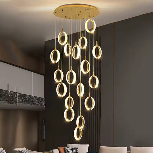 HDC 20 Lights LED Crystal Ring Double Height Stair Chandelier- Tricolor