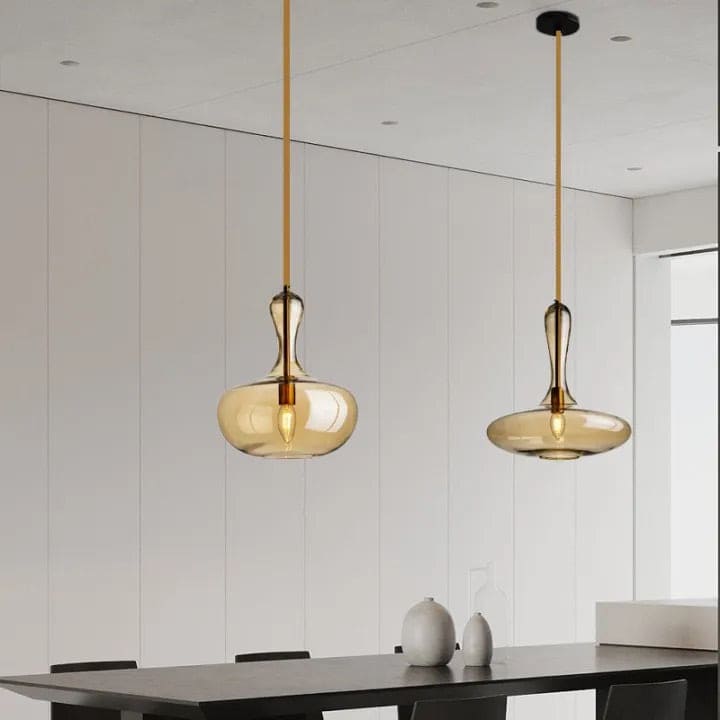 Hdc Amber/Smoke Hand Blown Glass Lamp for Kitchen Island Sink Adjustable Hanging Droplight