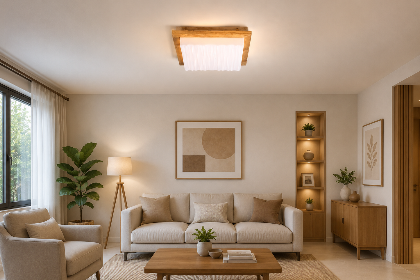 HDC Modern Wooden Fabric Flush Mount Ceiling Light