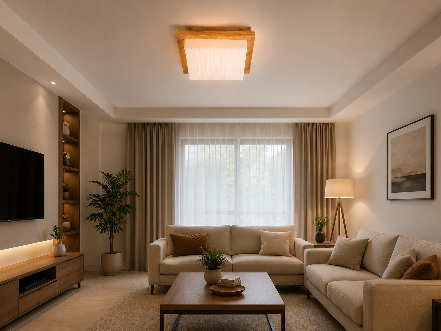 HDC Modern Wooden Fabric Flush Mount Ceiling Light