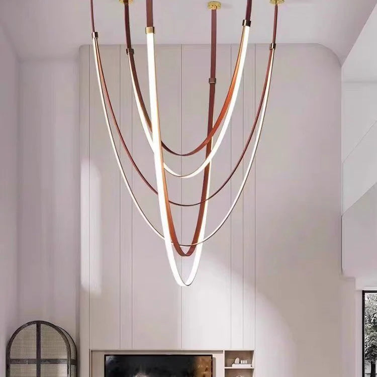 Hdc 3 Light Tan Color Leather Belt Chandelier Hanging Lamp - Warm White