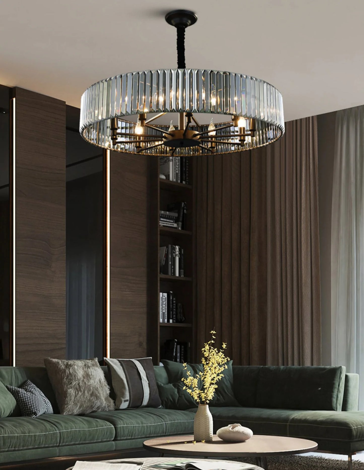 Hdc 600 Mm Black Metal Smokey Crystal Led Chandelier Hanging Suspension Lamp - Warm White