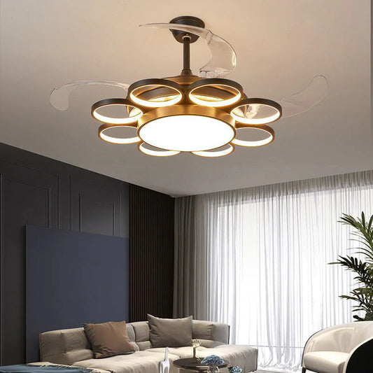 Hdc Invisible Black Rings Ceiling Fan Chandelier With Remote 4 Retractable Abs Blades - Warm White