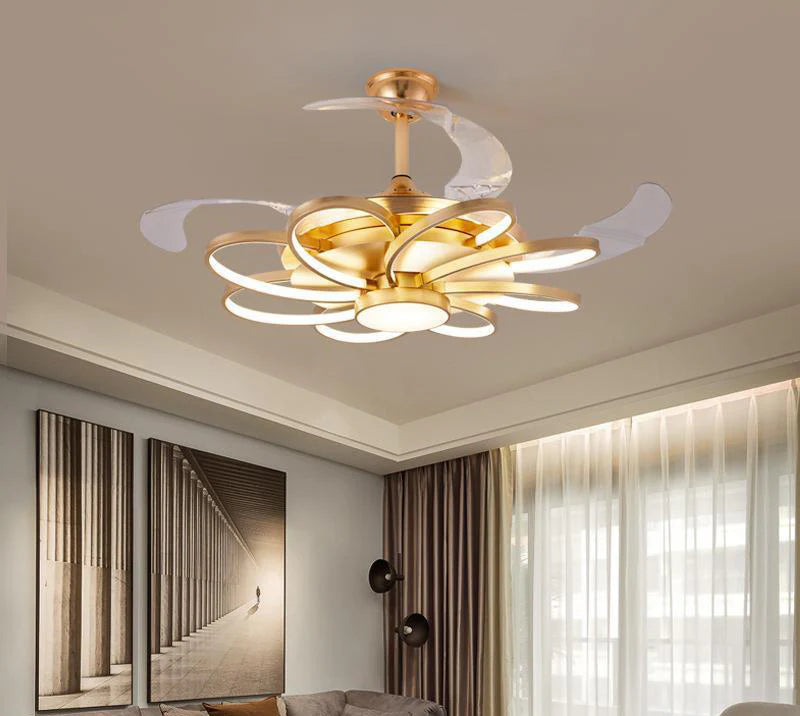 Hdc Invisible Golden Oval Rings Ceiling Fan Chandelier With Remote Control 4 Retractable Abs Blades