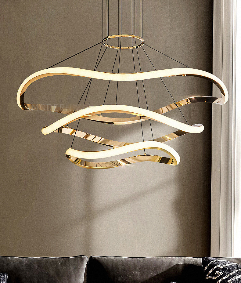 Hdc 3 Ring 800mm Gold Body Waves Modern Led Chandelier Hanging Suspension Fancy Lamp - Warm White