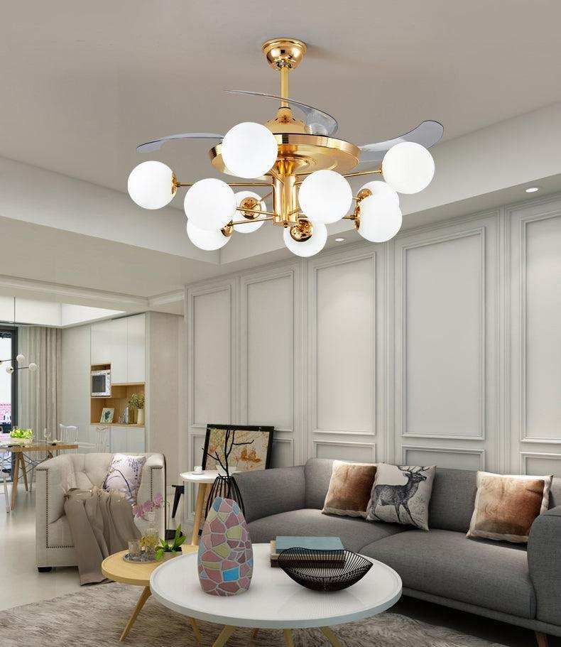 Hdc 10 Light Frost Glass Ceiling Fan Chandelier Gold Retractable Light Led 3 Color Setting Control With Remote - HDC Lights
