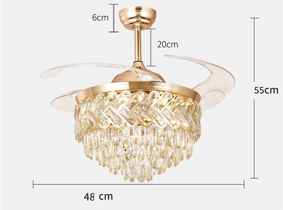 HDC Crystal Ceiling Fans with Lights Retractable Blades Remote Control Modern Luxury LED Chandelier Fan 3 Speeds 3 Color Changes Lighting Fixtures
