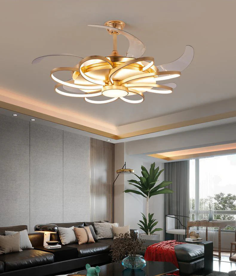Hdc Invisible Golden Oval Rings Ceiling Fan Chandelier With Remote Control 4 Retractable Abs Blades