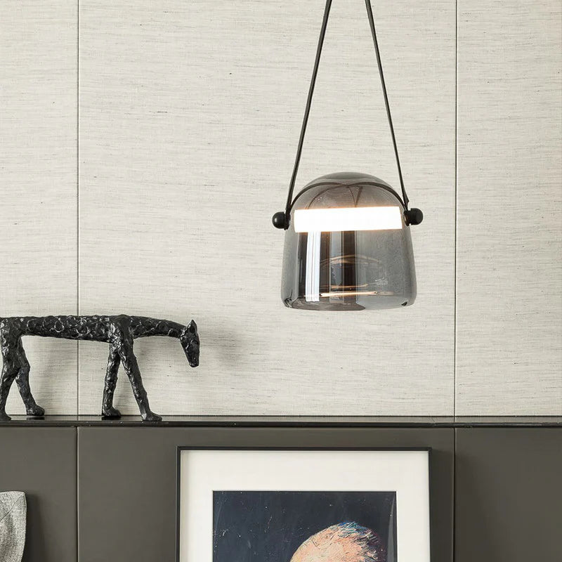 Hdc 1 Light Led Glass Smokey Black Pendant Lamp With Leather Strap Ceiling Light - Tricolour