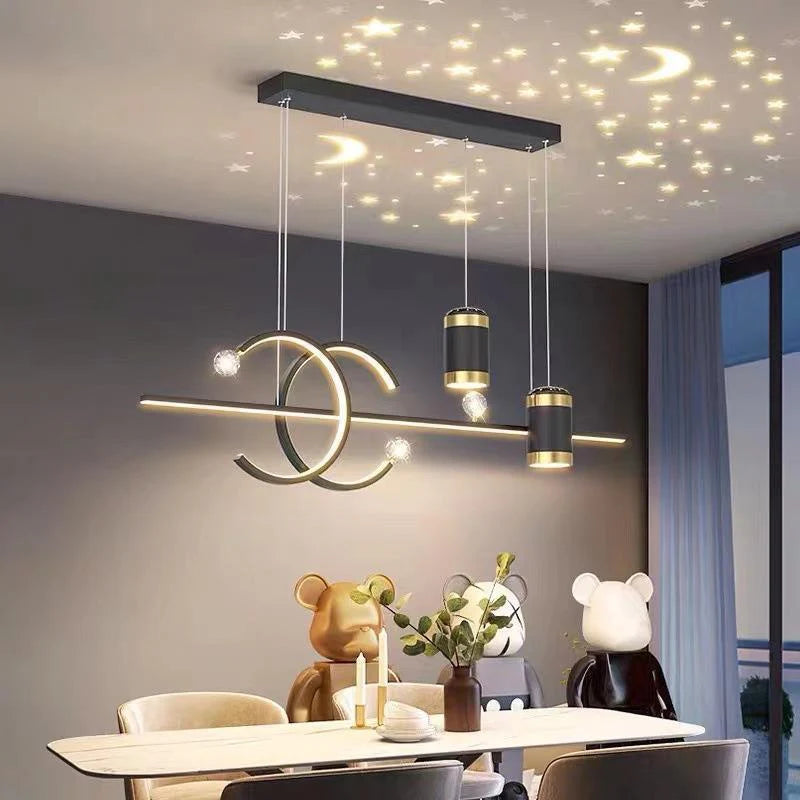 Hdc Led Gold Black Body Linear Led Chandelier Light Hanging Lamp With Star Projection